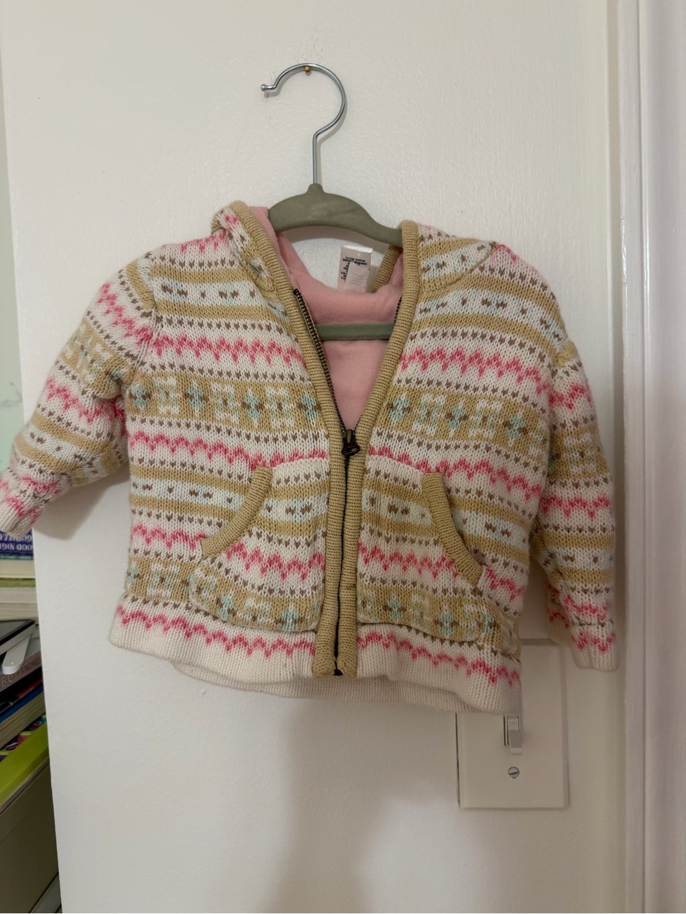 GAP Hooded Fair Isle Zip Sweater - Pink, Cream & Tan baby